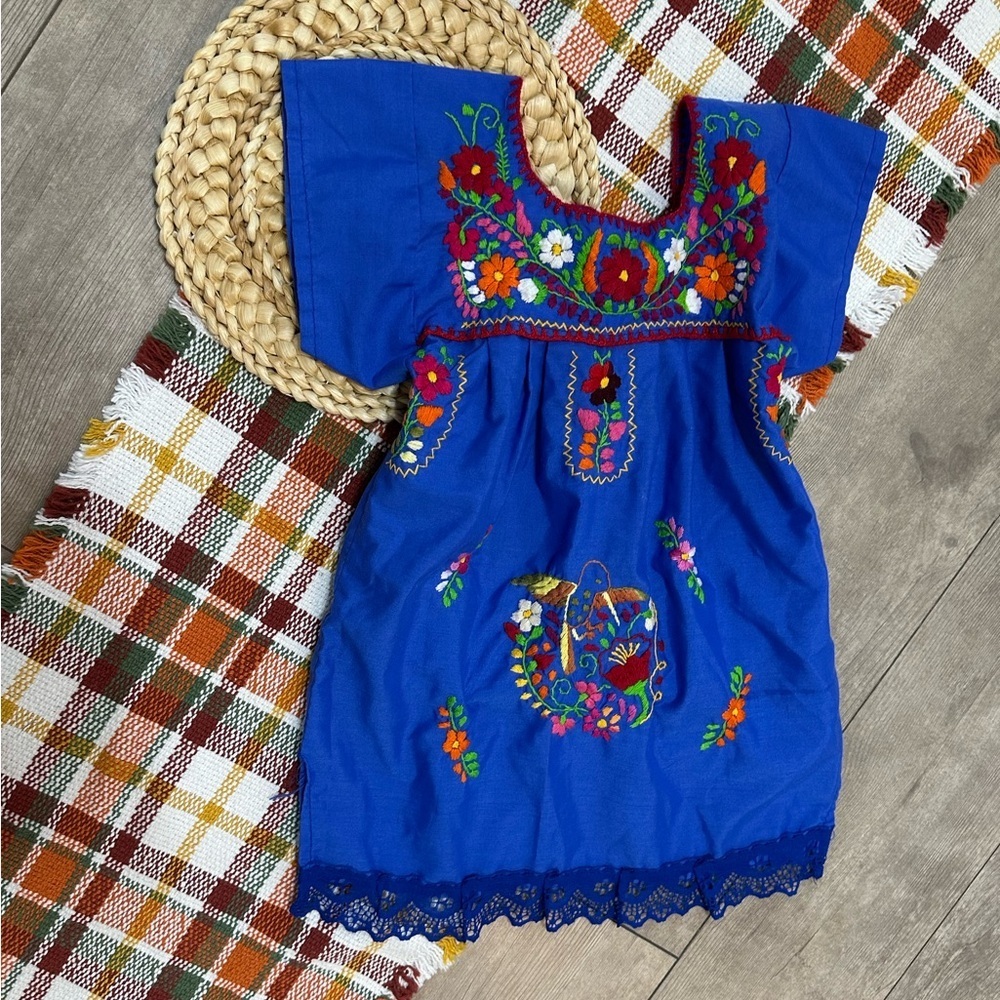 New Handmade Embroidered Floral Mexican Toddler Girl Dress Vibrant MultiColor 2T